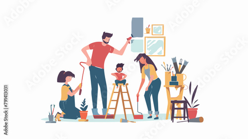 Family repairing home together. Mother father and kid