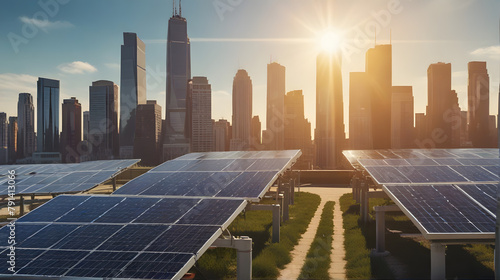 Urban Solar Power: City Skyline with Solar Panels on Buildings