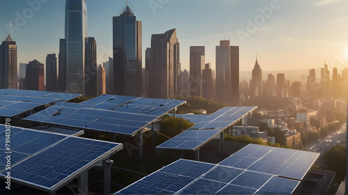 Urban Solar Power: City Skyline with Solar Panels on Buildings