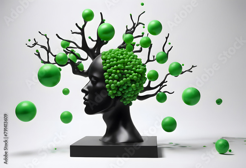A plastic tree silhouette bust with green plastic balls as leaves