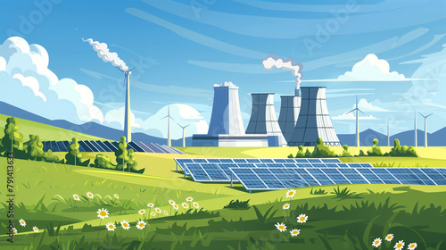 Illustration transition from traditional nuclear facility with a coal power station energy sources to renewable natural energy. photo