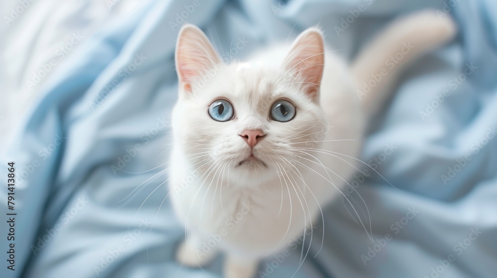white British cat standing on the bed.