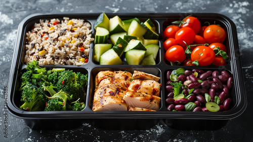 A healthy and balanced meal with grilled chicken, brown rice, vegetables, and fruit.