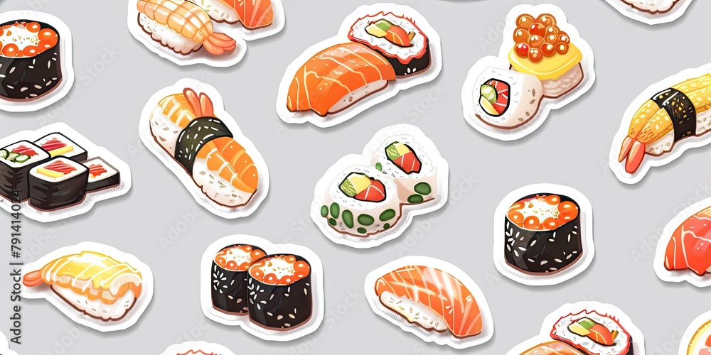 a collection of culinary-inspired stickers showcasing delicious treats from around the world – from sushi rolls to French pastries 16k ultra HD,easter seamless background