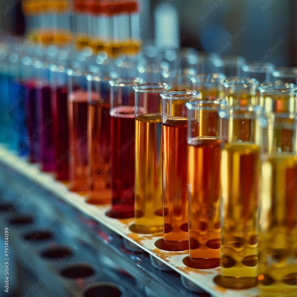 A rack of test tubes filled with colorful liquids A rack of test tubes filled with colorful liquids