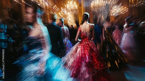 A blurred sea of stylishly dressed guests mingle in the background as dramatic lighting and blurred reflections showcase the opulent designs and impeccable styling of the haute couture . photo