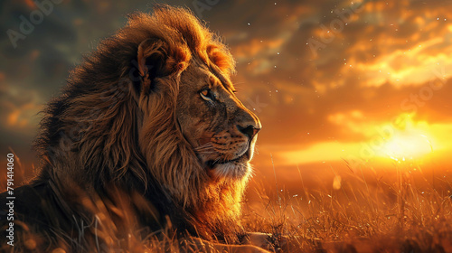 A lion in the middle of a field at sunset.
