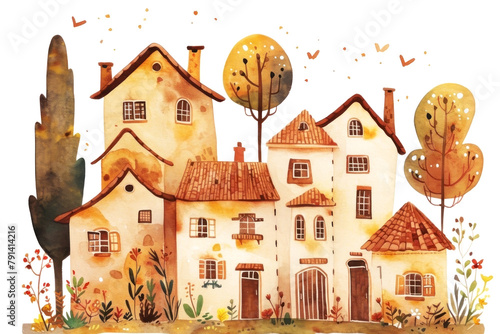 Charming watercolor illustration of a whimsical village with quaint houses and autumnal trees