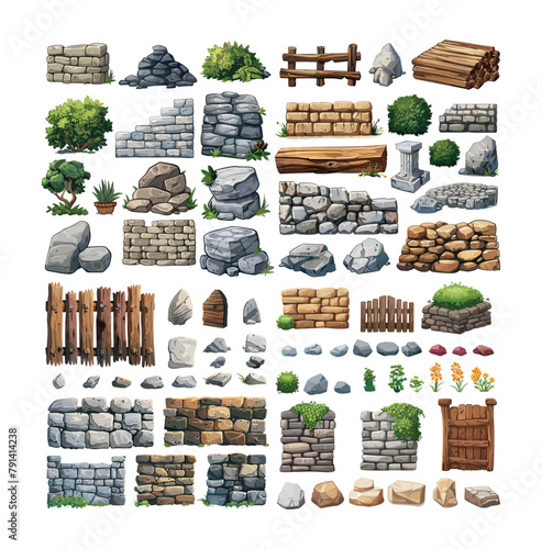 Garden materials cartoon vector set. Stone masonry hedge bushes fence wooden gates marble pedestal plants tiles trees decorative elements isolated on white background