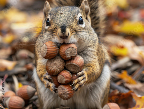 A squirrel is holding a bunch of nuts in its paws and looking at the camera.