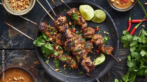 Close up of skewers and sauce on a plate