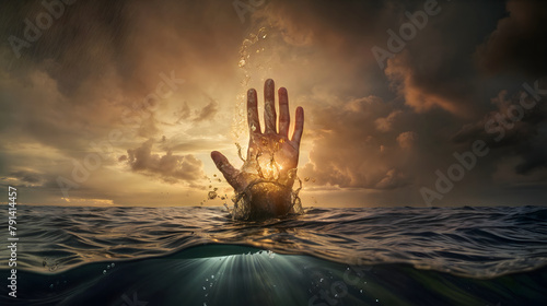 Giant hand emerging from ocean depths, lifting gold