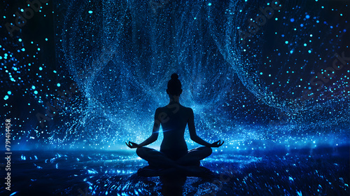 the silhouette of a meditating woman with glowing skin, sitting crosslegged in lotus position against dark blue background photo