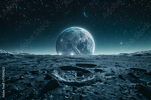 attention to a groundbreaking collaboration as an alien and a human work together to erect a dwelling, supported by anti-gravity technology, on the Moon, Earth providing a poignant backdrop photo