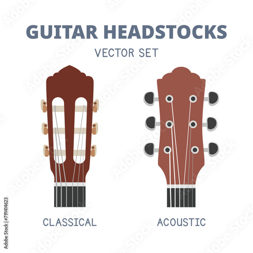 Guitar headstock vector set. Classical guitar and acoustic guitar. Types of headstock vector illustration isolated on white background. Tuning pegs, tuners
