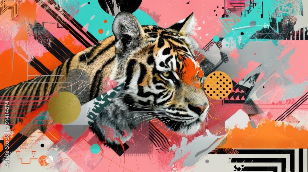 Tiger portrait in abstract digital art style with geometric and graphic elements.