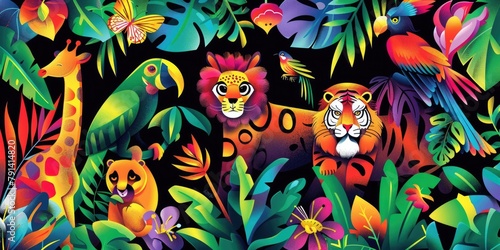 a vibrant sticker featuring a menagerie of jungle animals, each bursting with personality and color 16k ultra HD.,colorful background