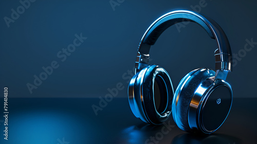 A stylish pair of headphones rests elegantly on a wooden table ,Shiny black stereo equipment illuminated in a dark nightclub ,Headphones and laptop on dark background
 