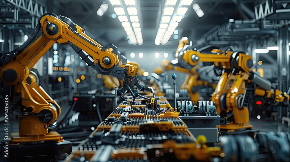 An advanced robotics assembly line, where robotic arms and automated machines work in perfect synchrony to manufacture complex products with precision and efficiency,