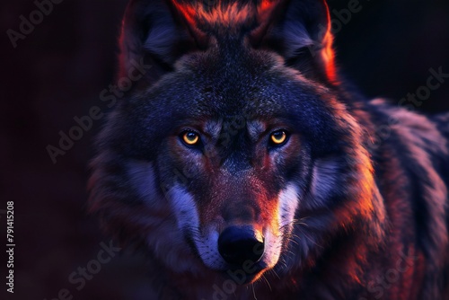 Portrait of a wolf on a background of the night forest