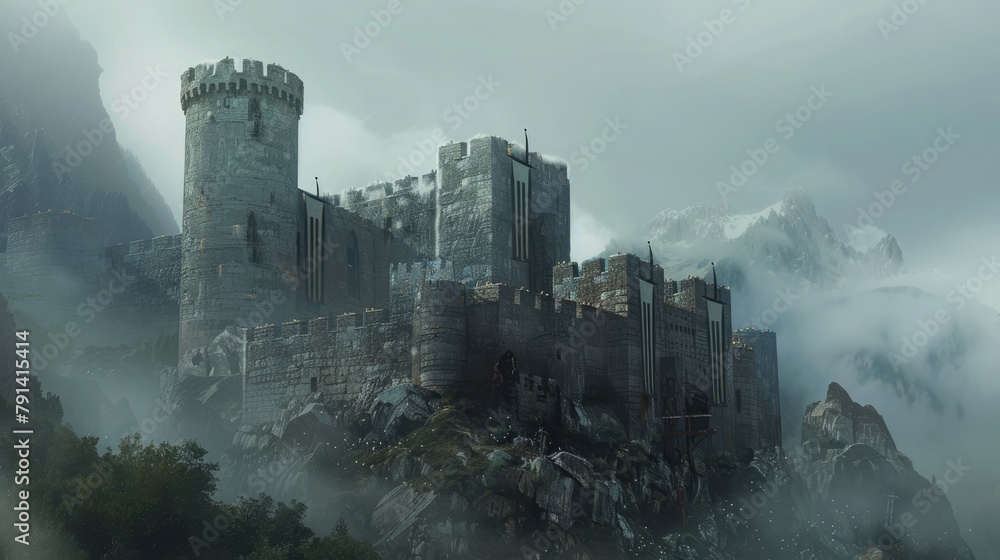 An ancient castle nestled amidst mist-shrouded mountains, its towering
