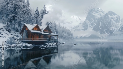 An alpine chalet perched on the edge of a crystal-clear lake, its timbered facade reflecting the snowy peaks towering above. photo