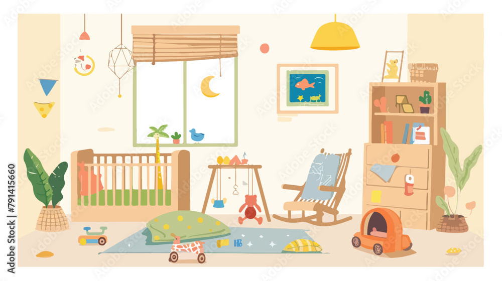 flat nursery with bed and play area. Vector illustration