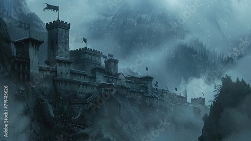An ancient castle nestled amidst mist-shrouded mountains  its towering stone walls adorned with banners bearing the emblems of long-forgotten dynasties.