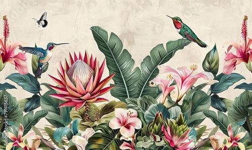 vintage tropical background with protea hibiscus flowers leaves hummingbirds butterflies seamless border premium wallpaper hand drawn 3d illustration luxury mural for paper packaging, Generative AI