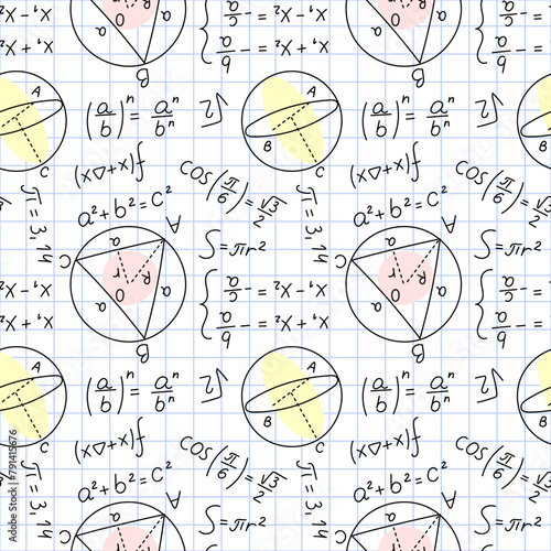 Seamless math formulas pattern. School equations. Geometric diagrams and drawings on piece of notebook in cage. Mathematical education. Algebra calculations. Garish vector background