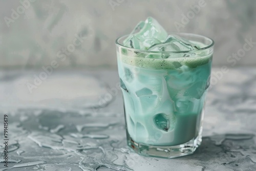 Iced Matcha Latte in a Glass on a Marble Surface