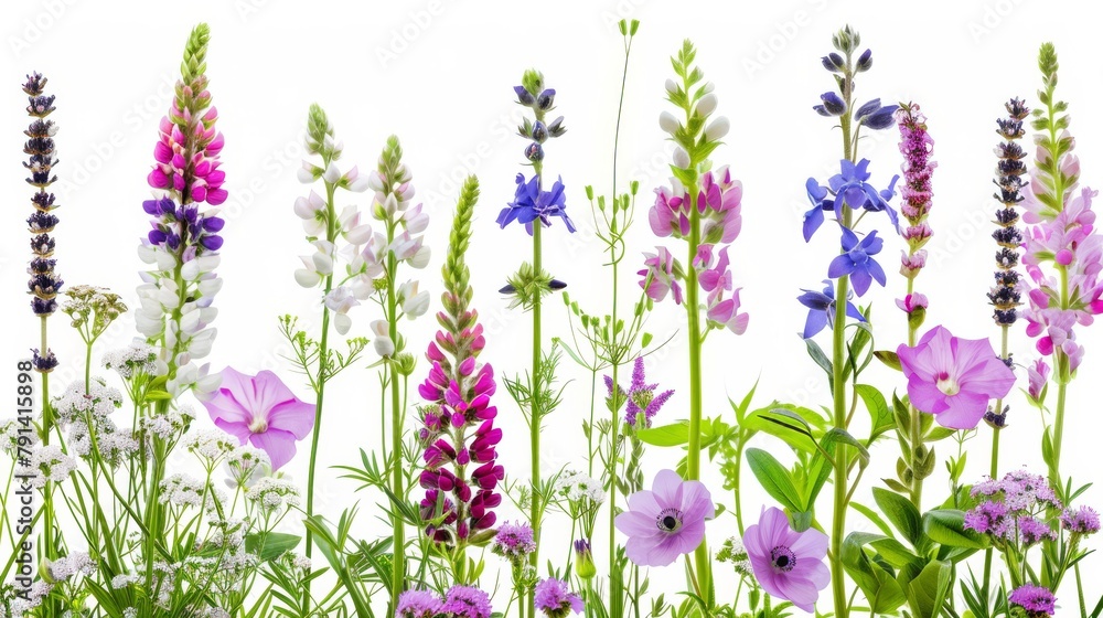 Obraz premium A vibrant and meticulously arranged selection of pressed flowers and greenery on a white background, showcasing natural beauty and botanical variety.