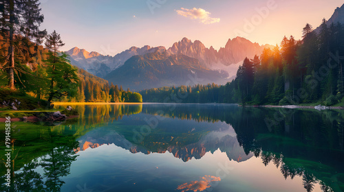 Calm morning view of Fusine lake. Colorful summer sunrise in Julian Alps with Mangart peak on background, Province of Udine, Italy, Europe. Beauty of nature concept background. photo