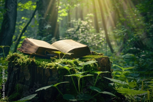 Open book on a stump in the forest with green moss and sunlight