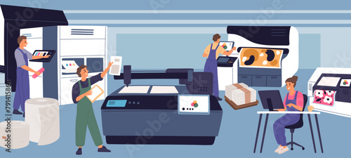 Printing house staff working. Polygraphy productions. People in printshop. Typography machines. Professional equipment. Color correction. Press office employees. Garish vector concept © VectorBum