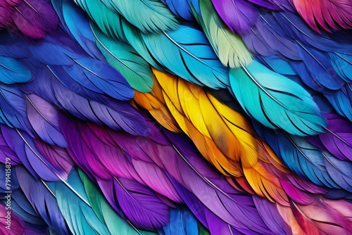 The fine, feathery texture of a bird's plumage, with vibrant colors and intricate patterns. photo