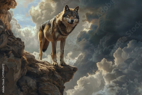 Wolf on the rock with cloudy sky background    illustration