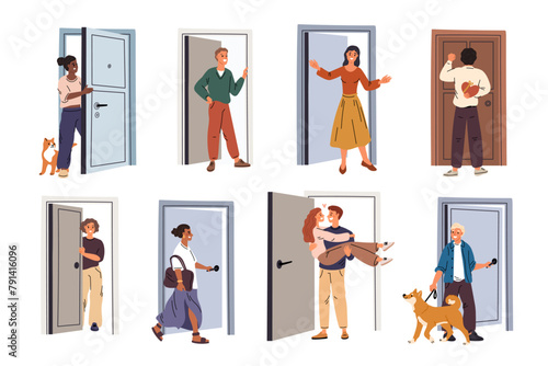 People in doorways. Characters opening wooden doors. Apartment inputs and outputs. Knocking female. Male peeking out. Person leaving home with dog. Couple come in. Garish vector set