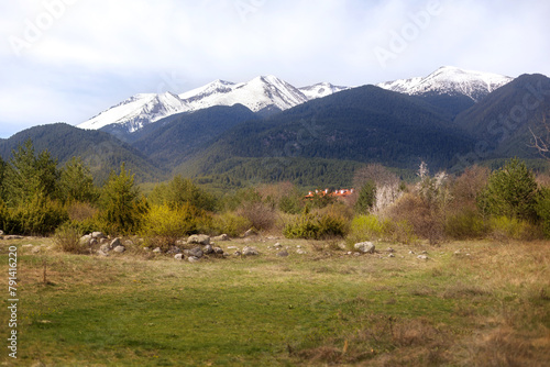 Bansko, Bulgaria spring woods and Pirin panorama
