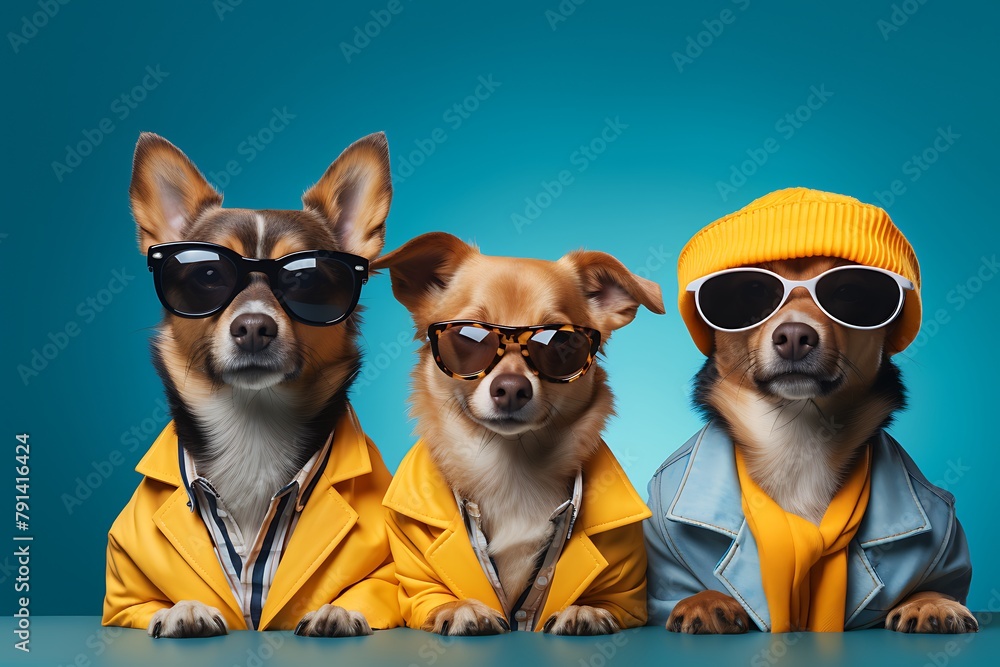 Fototapeta premium group of dogs in a yellow raincoat, sunglasses and hat on blue background
