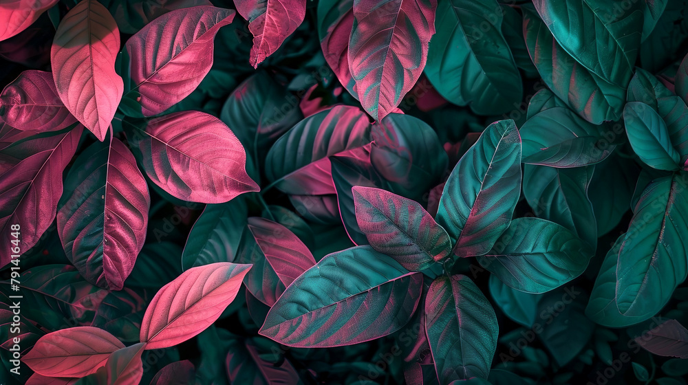 Vibrant pink and turquoise leaves in a lush botanical setting, showcasing nature's beauty Vibrant pink and turquoise leaves in a lush botanical setting, showcasing nature's beauty