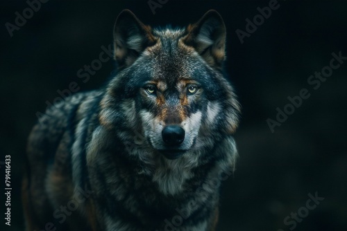 Portrait of a wolf on a dark background in the forest