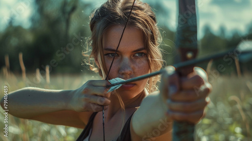 Young woman shoots an arrow