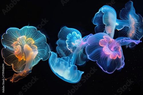 glowing jellyfishes on black background