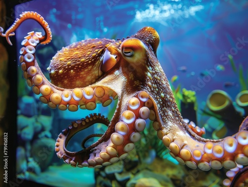 The octopus, a creature of intelligence and wonder, stretches its limbs towards a modern TV photo