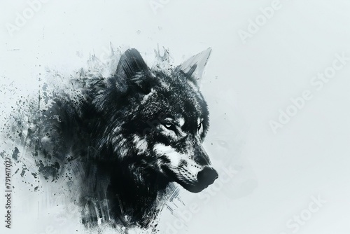 Digital painting of a wolf head in black and white with watercolor effect