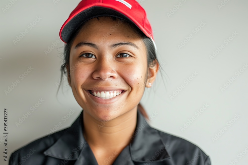 A portrait of a fast food worker wearing the uniform. A smiling young Filipino woman wearing a red cap and black shirt working at a fast food restaurant. Employee A portrait of a fast food worker wearing the uniform. A smiling young Filipino woman wearing a red cap and black shirt working at a fast food restaurant. Employee
