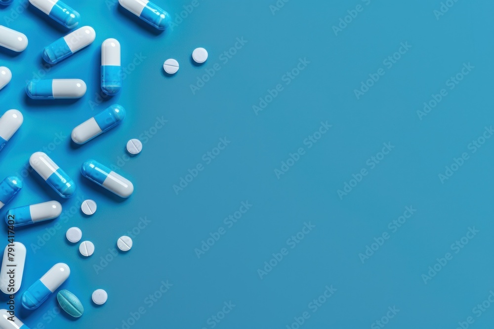 Close-up pills on blue background. Top view, copy space. Health care concept.