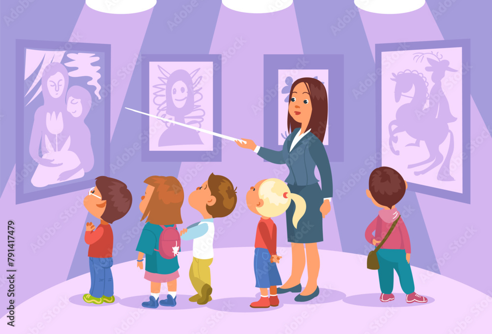 Children at exhibition. Guide telling art history to curious kids in