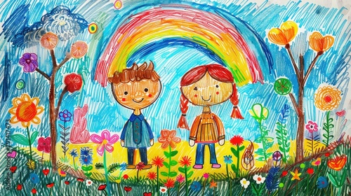 Children s pencil drawing. A little boy and girl stand against a background of flowers  trees and a rainbow. The illustration can be used for Children s Day